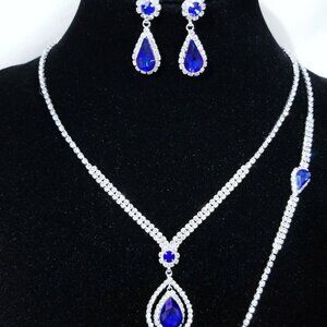 3PC Silver, Royal Blue Rhinestones Necklace Earring & Bracelet Bridal Set 19054